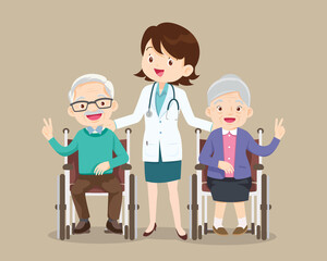 doctor woman and elderly sitting on wheelchair victory hand