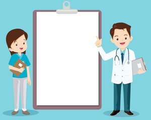 smart doctor and nurse standing next to information board