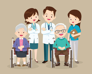 team doctor and elderly sitting on wheelchair