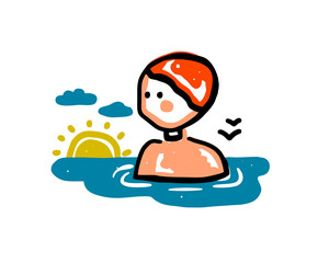 Cute drawn person in the watter looking on the sun.