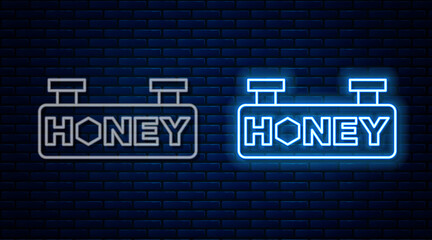 Fototapeta premium Glowing neon line Hanging sign with honeycomb isolated on brick wall background. Signboard icon. Honey cells symbol. Sweet natural food. Vector