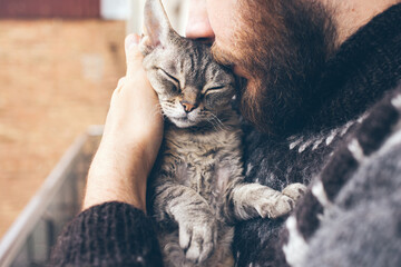 Close up portrait of a beard man and affectionate Devon Rex cat with closed eyes. Guy is kissing, hugging and cuddling his purring kitty. Feline likes attention and snuggling. Lifestyle photo