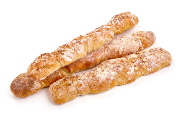 Freshly baked baguette, Italian bread, isolated on white background. High resolution image