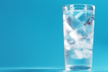 A glass with ice and clean water on a blue background.