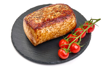 Pork roast, spicy glazed meat, isolated on white background. High resolution image