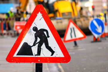 Various Road Works signs due to repairs to carriageway - obrazy, fototapety, plakaty