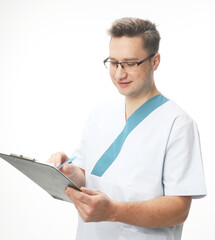 Male doctor man in medical gown face mask isolated on white background Hold clipboard with medical document health card