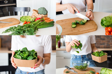 Collage of women cooking healthy food at home in the kitchen. Process of cooking vegetable salad with spinach. Menu, recipe book banner