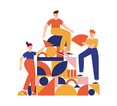 Teamwork, Coworking, Business Partnership Concept Flat Illustration. Characters With Abstract Geometrical Shapes. Diverse People Working Together. Men And Women Organize Abstract Geometric Figures