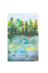 green forest in watercolor, with lake 