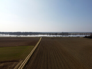 A brook  river stream  in Bavaria, aerial view photographed with a drone in winter