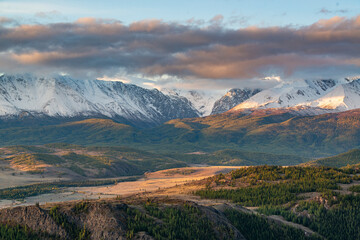 Mountains and steppes of Altai at sunset