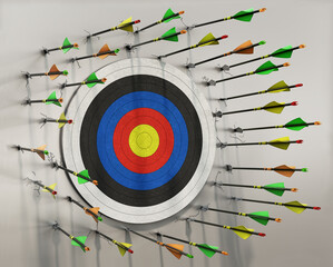 A lot of arrows missed the target and hits the wall around it, no arrow hits the target, concept, 3d illustration - 423034530