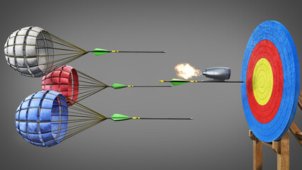 Arrows with parachutes slow down and the one with jet engine is pulling ahead right to target, 3d...