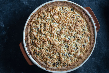 Homemade organic cherry pie dessert ready to eat, close up. Cherry tart
