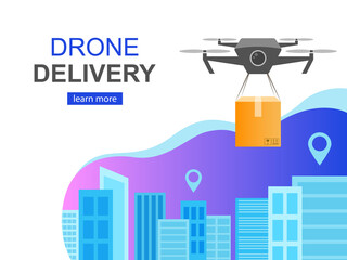 Flying Drone delivery box and Cityscape, Big city Modern technologies concept, Vector Illustration, Landing page template