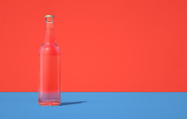 Computer graphics image of bottle. Glass container with yellow liquid inside. Retro red and blue colors.