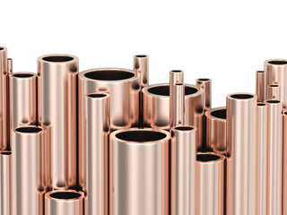 Vertical copper pipes on white. 3d illustration 