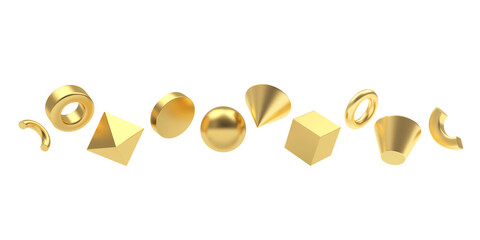 Row of different golden geometric shapes isolated on white. 3d illustration 