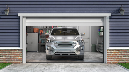 3d render of garage interior with open door and car in front 3d illustration - Powered by Adobe