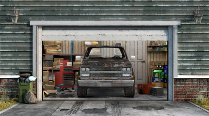Fototapeta na wymiar 3d render of dirty garage interior with open door and car in front 3d illustration