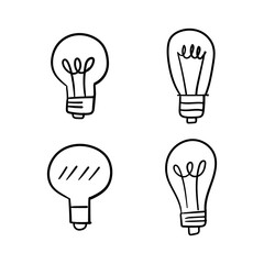 Light bulb doodle collection. Set of hand drawn electric lamp. Symbol of idea, innovation and solution.