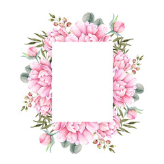 frame with delicate watercolor pink flowers peonies, illustration hand painted