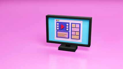 Cartoon illustration of streaming video logo on the monitor. 3d rendering of flat device screen showing play button