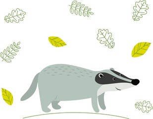 Cute cartoon badger in the forest on a white background. Element for print, postcard, and decor. Vector illustration