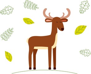 Cute cartoon deer in forest on a white backgrount. Element for print, postcard and decor. Vector illustration