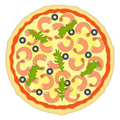 Pizza with shrimps, olives and arugula isolated on white - pizza with seafood - element for culinary design