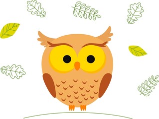 Cute cartoon owl in forest on a white backgrount. Element for print, postcard and decor. Vector illustration