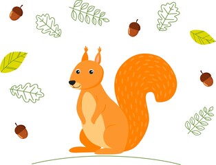 Cute cartoon squirrel in forest on a white backgrount. Element for print, postcard and decor. Vector illustration