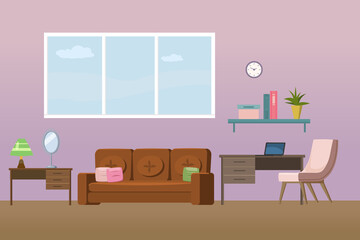 Living room interior. Cozy room design sofa, bookshelf, window, chair, table with laptop and home accessories. Vector cartoon flat