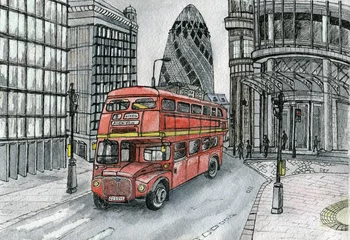 Foto op Canvas London street red bus illustration © Marina