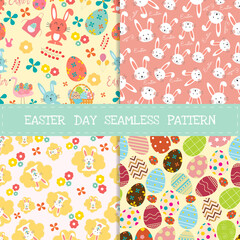 Easter seamless pattern set. Easter day with bunny, eggs and others background. Vector illustration.