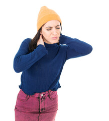 Overworked young woman have a pain in neck, isolated on white background. Tired female with closed eyes