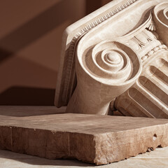 Antique stone column Product display background. Museum exhibition product placement template. 3d rendering.