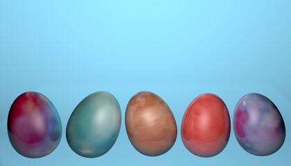 Festive background with mestr for text, for Happy Easter, with colored eggs. 3D rendering Easter eggs.