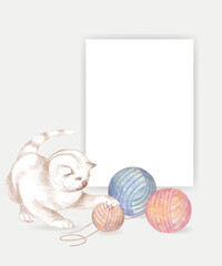 A postcard with a cat and balls of wool. A white cat, balls of fur against a blank sheet of paper. Drawing by hand with colored pencils.