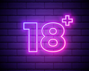 Eighteen plus, age limit, sign in neon style. Only for adults. Night bright neon sign, symbol 18 plus isolated on brick wall.