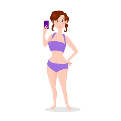 Happy girl in swimsuit with smartphone, flat character