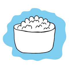Cottage cheese in bowl isolated on white. Tasty breakfast. Simple vector illustration in cartoon doodle style. Time for lunch, healthy nutrition. Cottage cheese drawn vector illustration. Vector