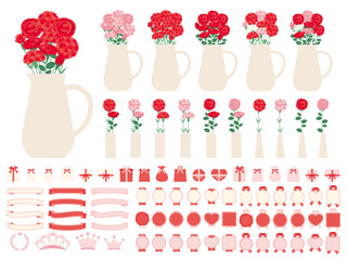 カーネーションとバラを入れた花瓶のイラストセット 母の日に贈る花