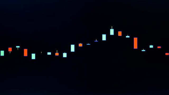 Animation of colorful changing path lines on a black background (candlestick). Useful concept for stock market, chart, economy, forecast, random, growth, computer, trade, diagram