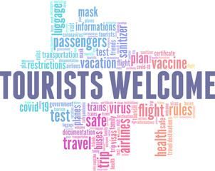 Tourists welcome vector illustration word cloud isolated on a white background.