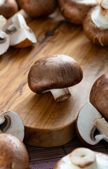 still life, mushrooms champignons on a wooden board