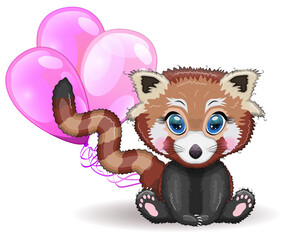 Fototapeta premium Red panda, cute character with beautiful eyes, bright childish style. Rare animals, red book, cat, bear