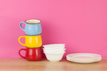 kitchenware set at wood table background