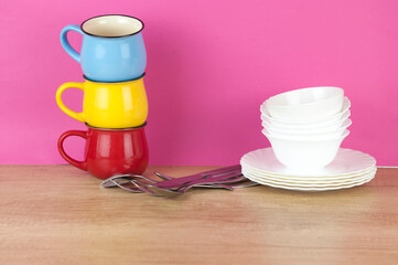kitchenware set at wood table background